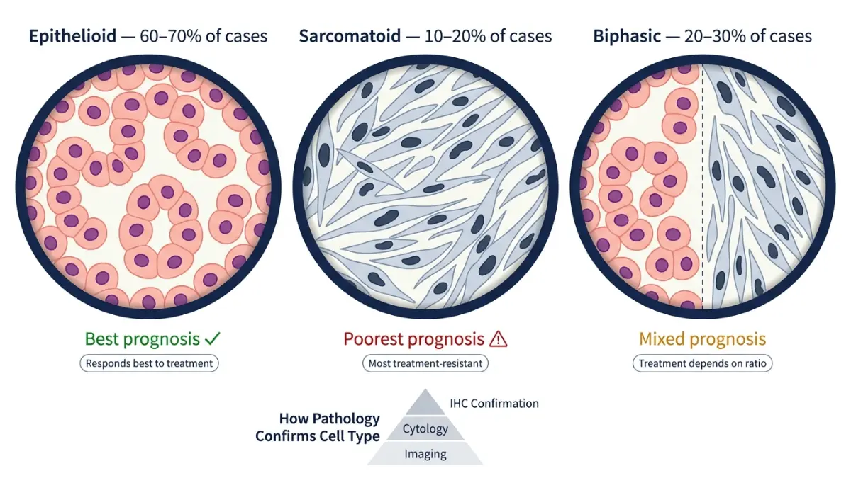 Mesothelioma Diagnosis showing epithelioid sarcomatoid and biphasic cell types under microscope