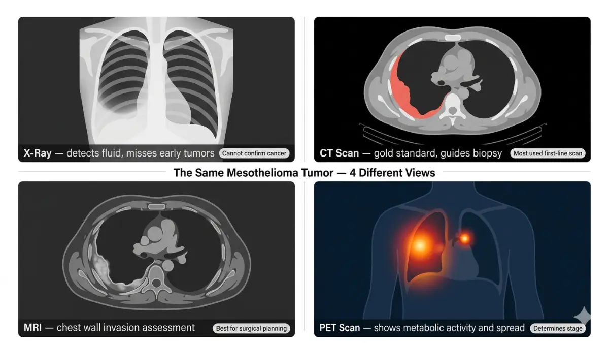 Mesothelioma Diagnosis imaging comparison showing X-ray CT MRI and PET scan differences