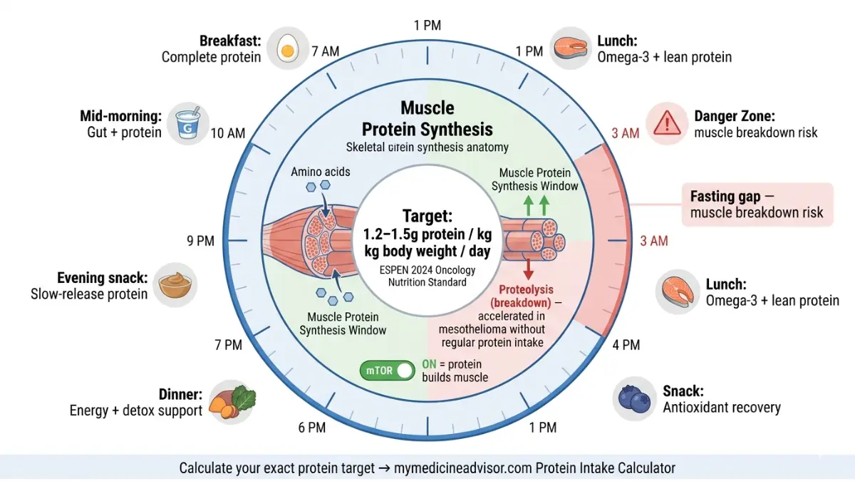 Mesothelioma Diet 24 hour eating clock showing protein timing and muscle synthesis process