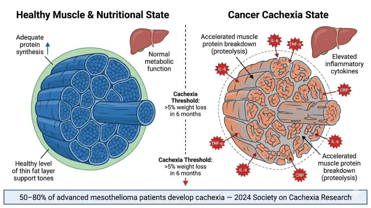 Mesothelioma Diet comparison showing cachexia muscle loss vs healthy muscle anatomy