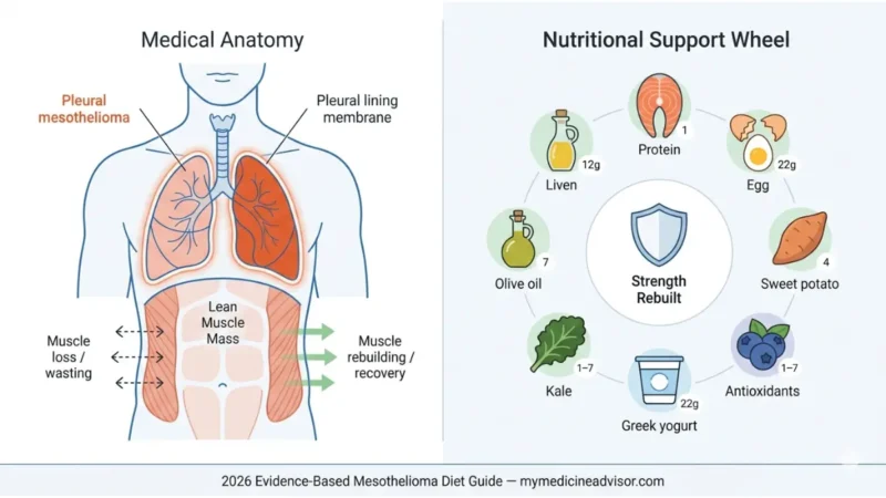 Mesothelioma Diet showing muscle rebuilding anatomy and 7 strength foods nutrition wheel