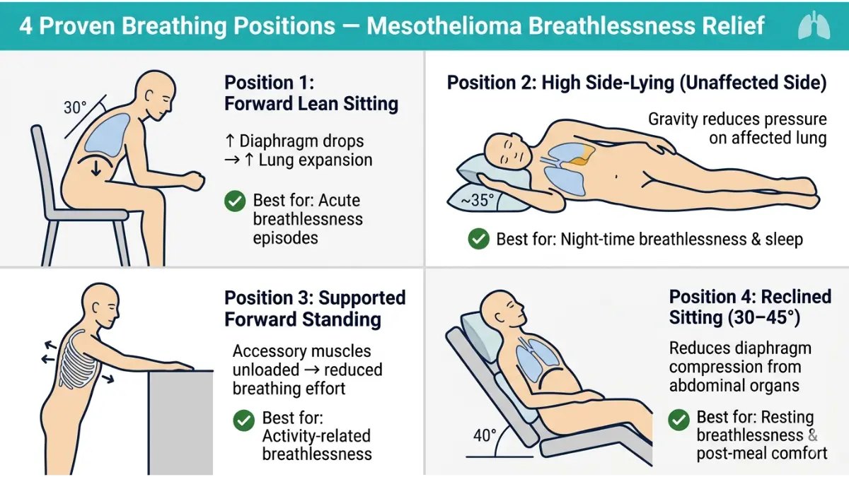 Mesothelioma Fatigue relief positions showing four body postures that improve breathing and reduce breathlessness