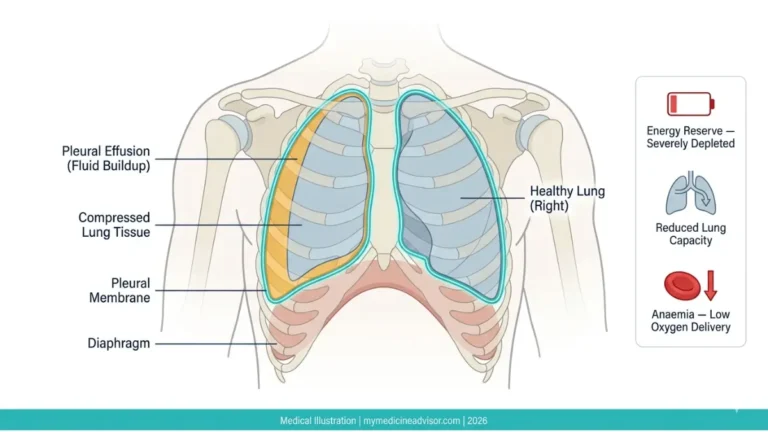 Mesothelioma Fatigue caused by pleural effusion showing compressed lung, fluid buildup, and reduced lung capacity anatomy diagram