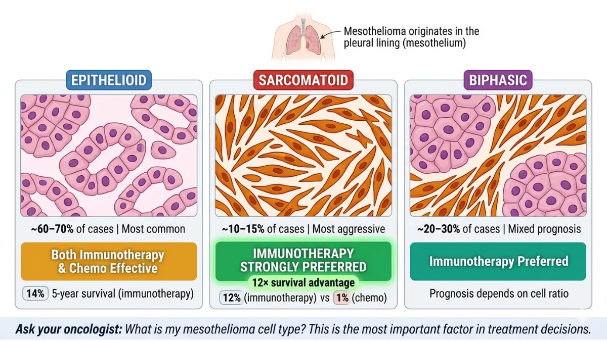 Mesothelioma Immunotherapy diagram showing epithelioid, sarcomatoid, and biphasic cell types with different treatment responses and survival outcomes