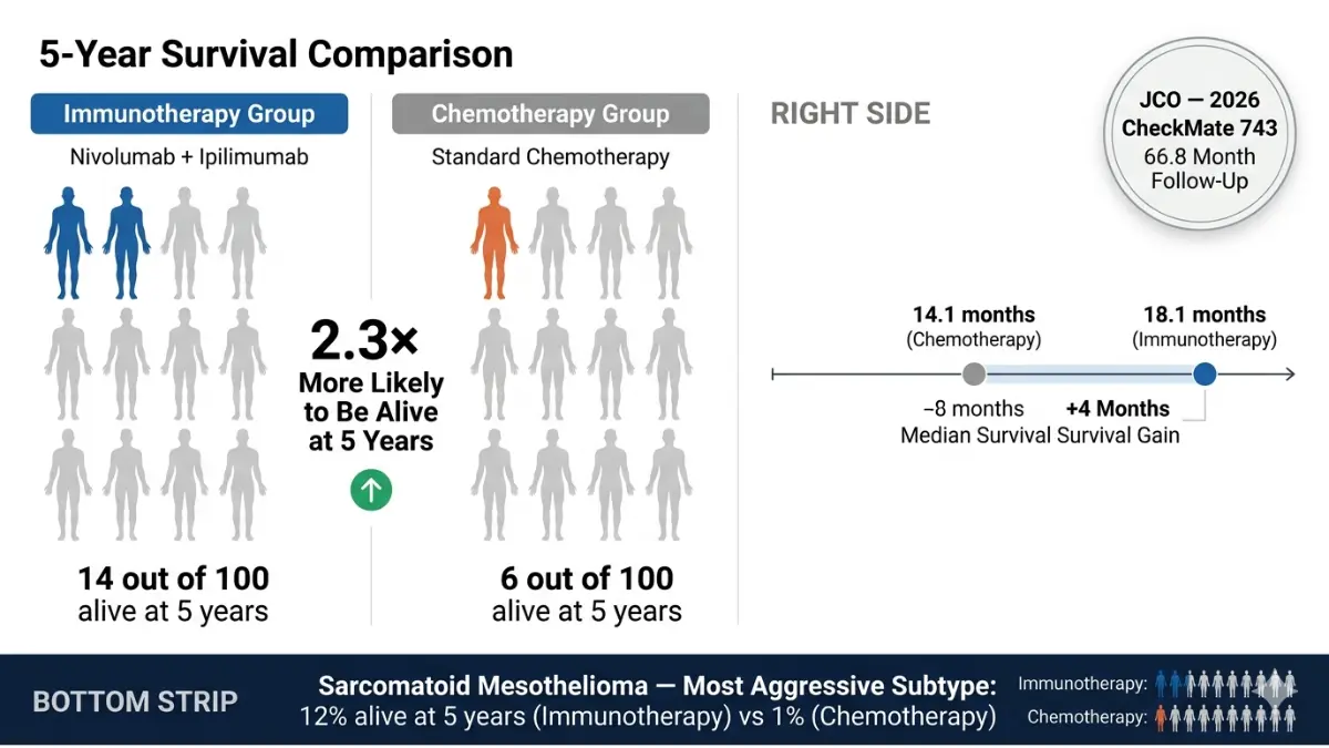 Mesothelioma Immunotherapy survival infographic showing 5-year survival rates of nivolumab plus ipilimumab versus chemotherapy based on CheckMate 743 data