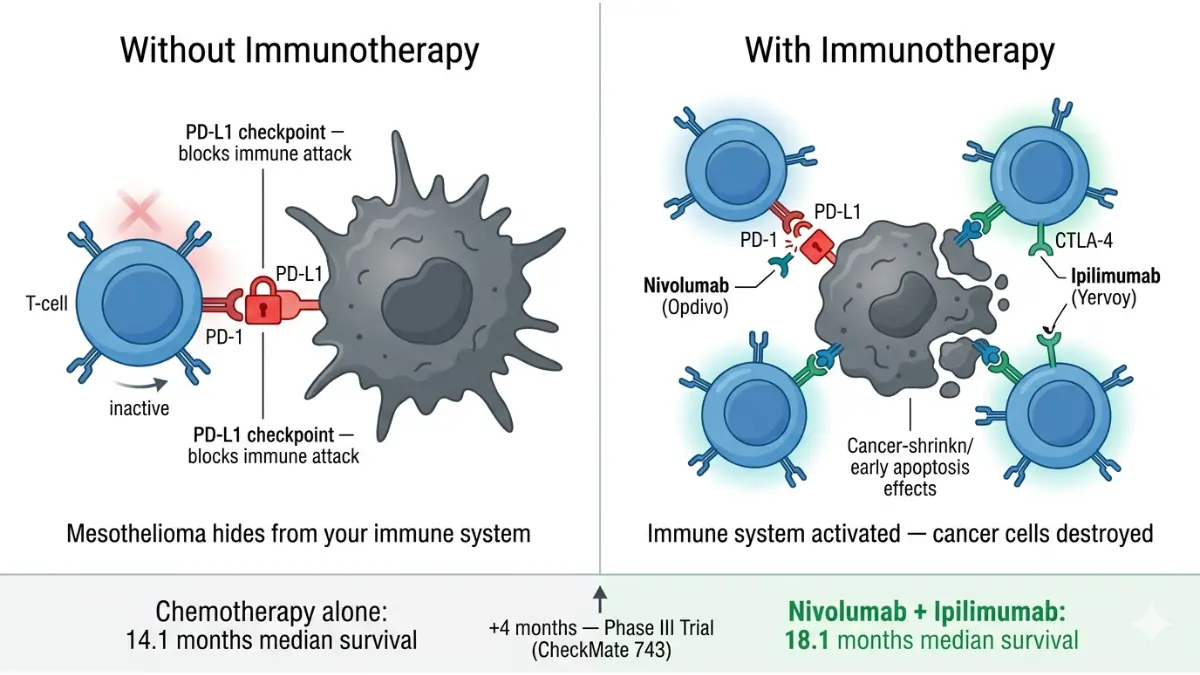 Mesothelioma Treatment immunotherapy diagram showing nivolumab ipilimumab blocking PD-L1 and CTLA-4 to activate T cells