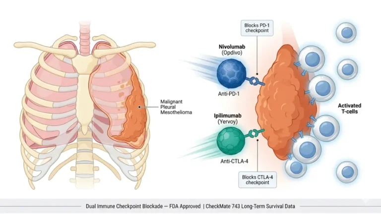 Mesothelioma Immunotherapy diagram showing nivolumab and ipilimumab activating T-cells to attack pleural mesothelioma tumor in the lungs