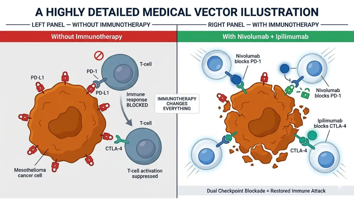 Mesothelioma Immunotherapy comparison showing how nivolumab blocks PD-1 and ipilimumab blocks CTLA-4 to restore immune response against cancer cells
