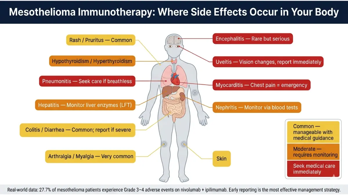 Mesothelioma Immunotherapy body map showing immune-related adverse events including pneumonitis, colitis, hepatitis, thyroid disorders, and myocarditis