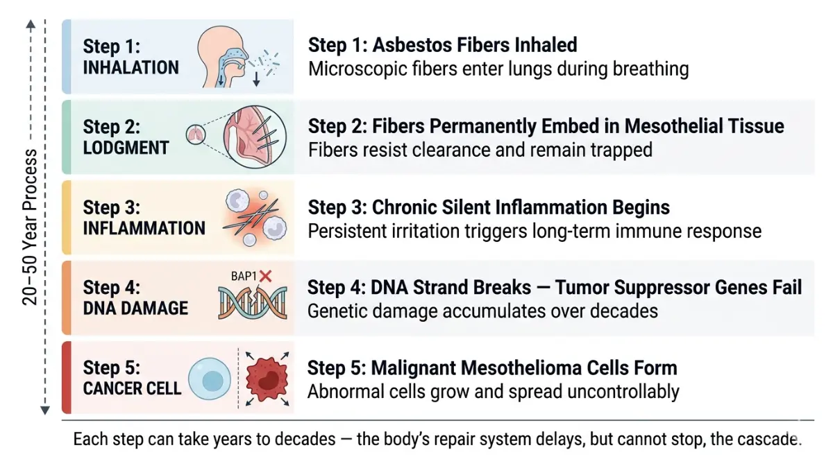 Mesothelioma Latency shown as a 5-step biological process from asbestos inhalation to cancer cell formation