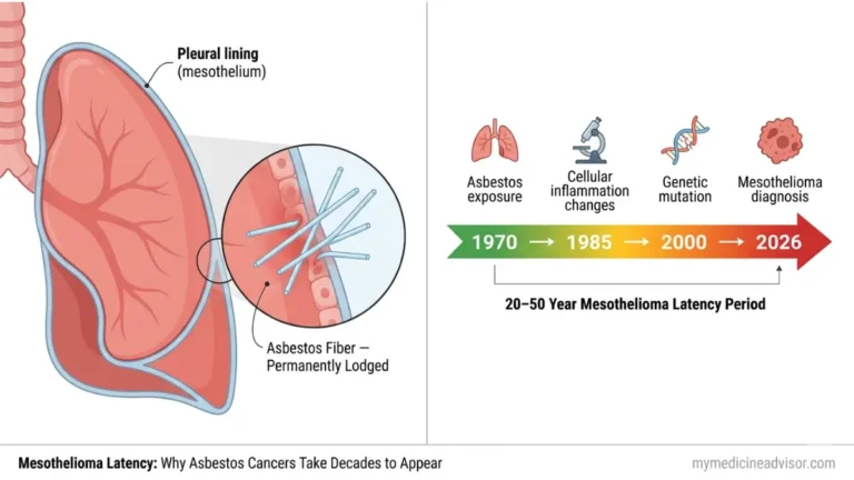 Mesothelioma Latency illustrated with asbestos fibers embedded in lung pleura and a 50-year disease timeline progression
