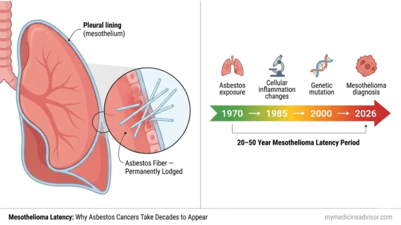 Mesothelioma Latency illustrated with asbestos fibers embedded in lung pleura and a 50-year disease timeline progression