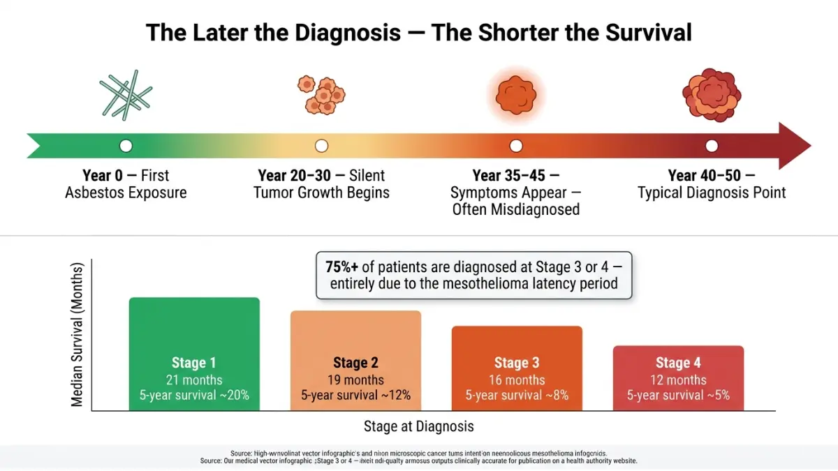 Mesothelioma Latency impact on late diagnosis and survival rates shown with progression timeline and stage survival chart