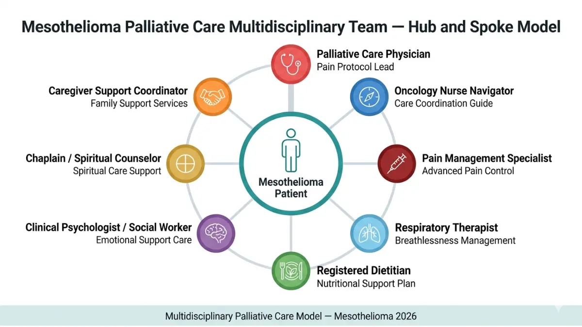 Mesothelioma Palliative Care multidisciplinary team hub and spoke diagram showing doctors, nurses, therapists, and support specialists around patient