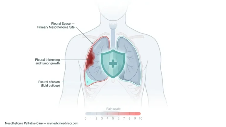 Mesothelioma Palliative Care anatomy diagram showing pleural tumor, pleural effusion, and protective palliative care shield concept in chest