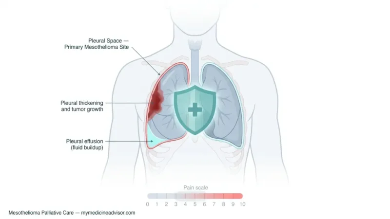 Mesothelioma Palliative Care anatomy diagram showing pleural tumor, pleural effusion, and protective palliative care shield concept in chest