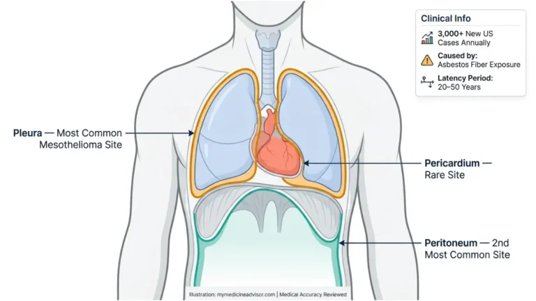 Mesothelioma anatomy diagram showing pleura, peritoneum, and pericardium locations in the human body