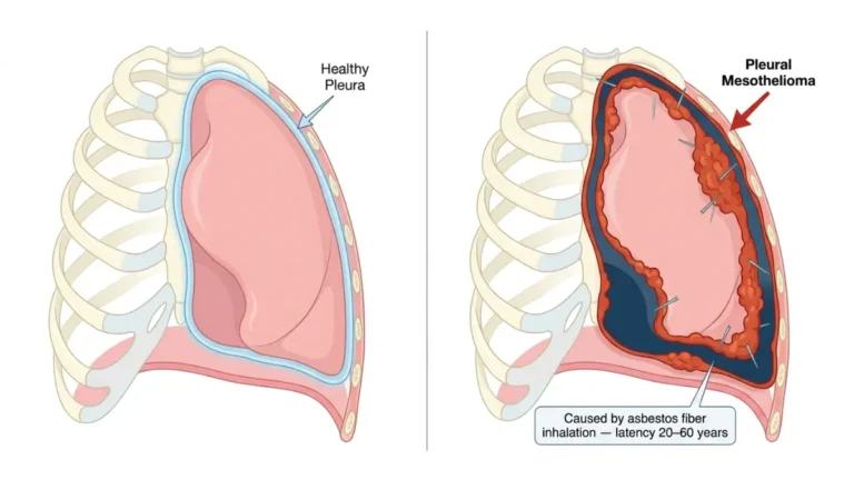 mesothelioma lawsuit medical anatomy illustration showing healthy pleural lining vs mesothelioma-affected pleura with asbestos fibers and pleural effusion