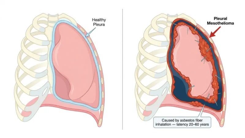mesothelioma lawsuit medical anatomy illustration showing healthy pleural lining vs mesothelioma-affected pleura with asbestos fibers and pleural effusion