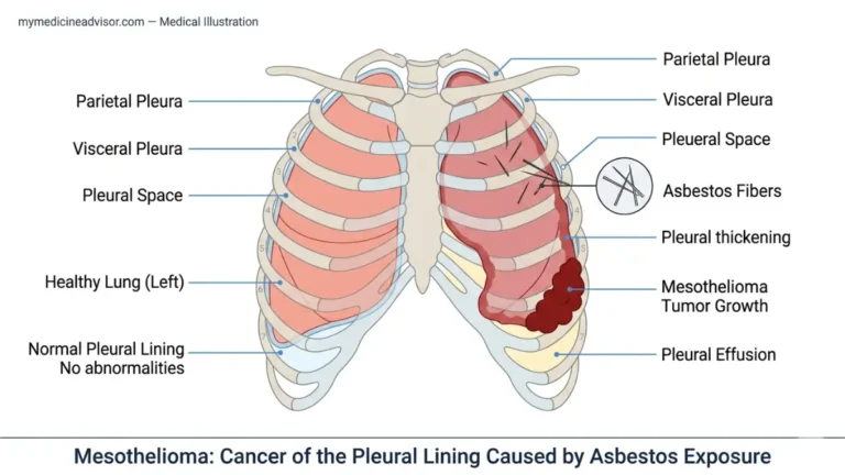 Mesothelioma Financial Aid anatomy diagram showing asbestos fiber invasion, pleural tumor growth, and pleural effusion in the chest cavity medical illustration