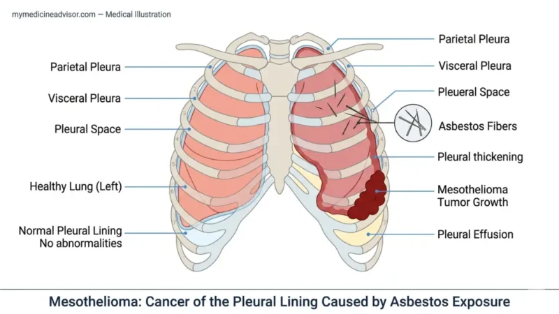 Mesothelioma Financial Aid anatomy diagram showing asbestos fiber invasion, pleural tumor growth, and pleural effusion in the chest cavity medical illustration