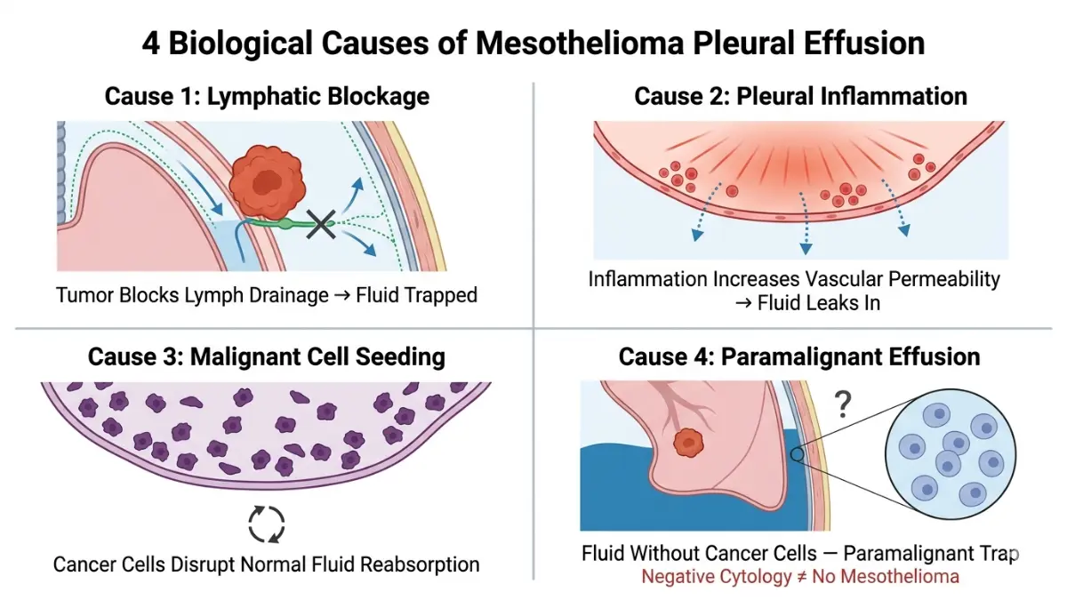 Mesothelioma Pleural Effusion causes diagram showing lymphatic blockage inflammation cancer seeding and paramalignant effusion