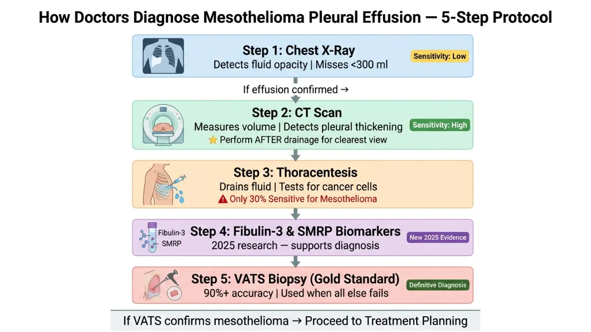 Mesothelioma Pleural Effusion diagnosis flowchart showing chest x ray ct scan thoracentesis biomarkers and biopsy