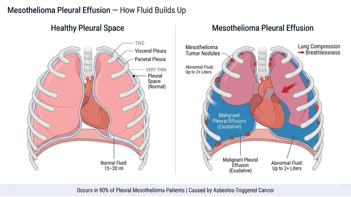 Mesothelioma Pleural Effusion diagram showing fluid buildup vs normal pleural space anatomy