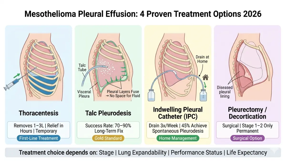 Mesothelioma Pleural Effusion treatment options diagram showing thoracentesis pleurodesis ipc catheter and surgery