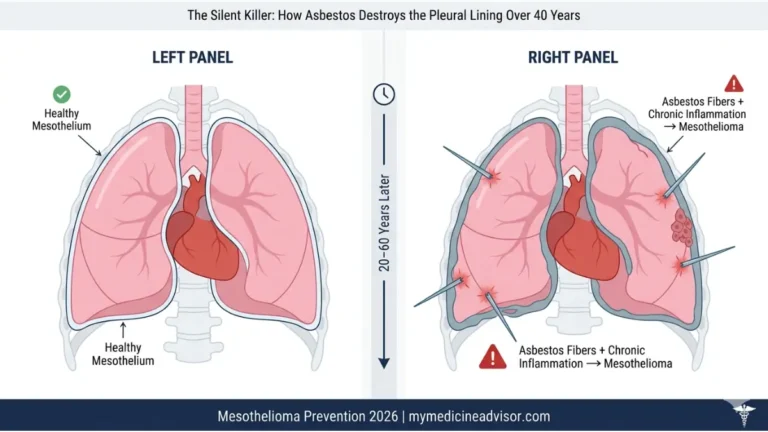 Mesothelioma prevention diagram showing how asbestos destroys pleural lining over decades leading to cancer