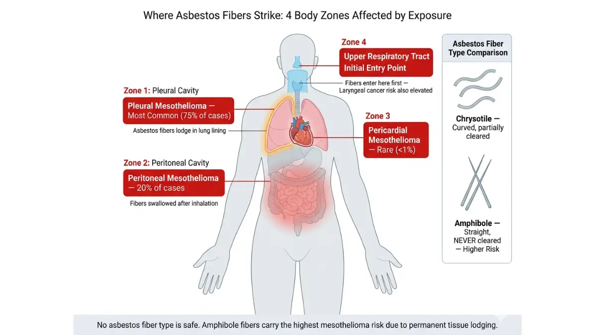 Mesothelioma prevention diagram showing four body zones affected by asbestos exposure and high risk fiber types