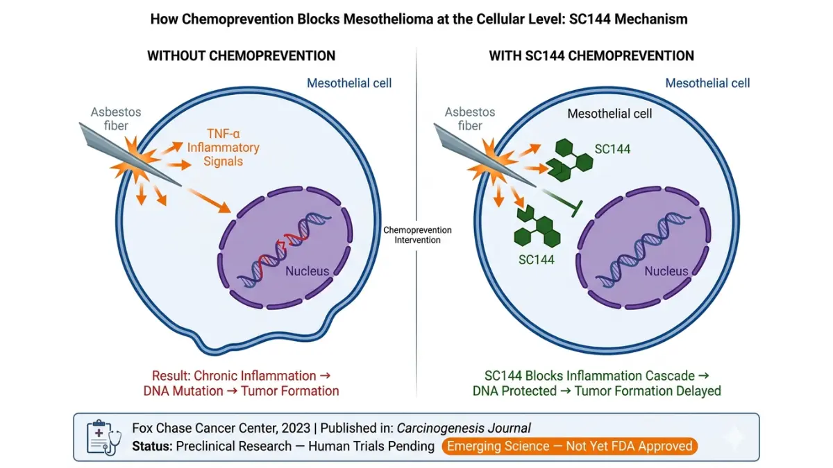 Mesothelioma prevention cellular diagram showing SC144 blocking inflammation signals and protecting DNA from asbestos damage