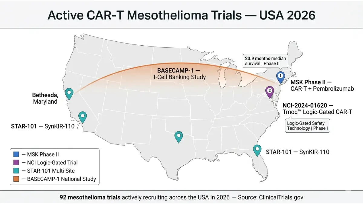 Mesothelioma Research map showing CAR-T clinical trial locations across the United States in 2026