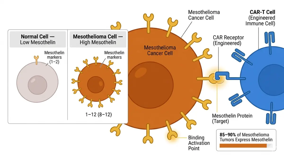 Mesothelioma Research illustration of CAR-T cell binding to mesothelin proteins on mesothelioma cancer cell surface