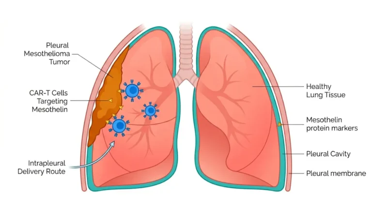 Mesothelioma Research diagram showing pleural tumor anatomy with CAR-T cells targeting mesothelin in the lung lining