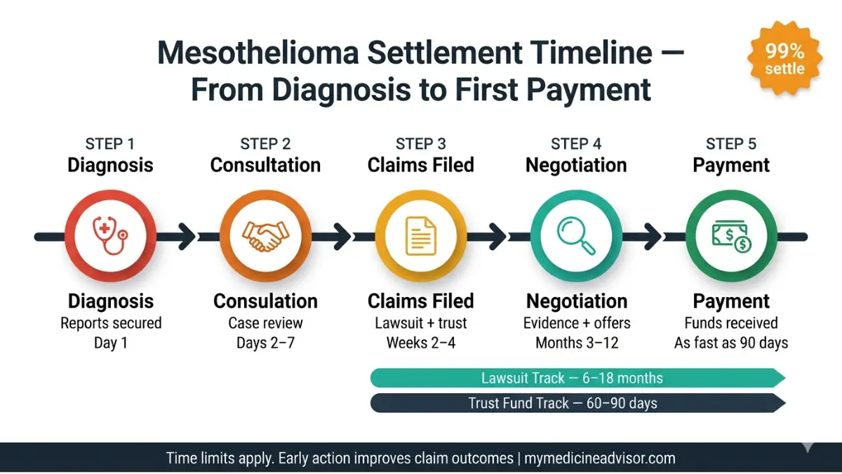 Mesothelioma Settlements timeline showing diagnosis to compensation process including lawsuit and trust fund timelines