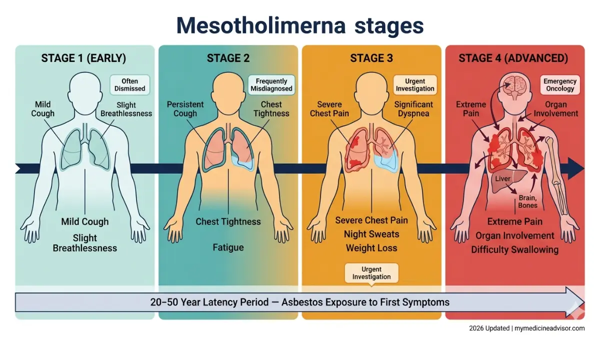 Mesothelioma symptoms progression from stage 1 to stage 4 showing increasing severity tumor spread and symptom escalation timeline