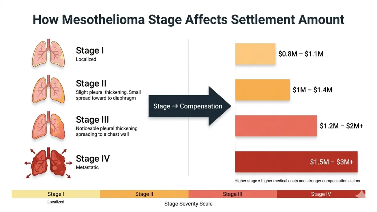 Mesothelioma Settlements comparison chart showing how disease stage affects compensation ranges from stage 1 to stage 4