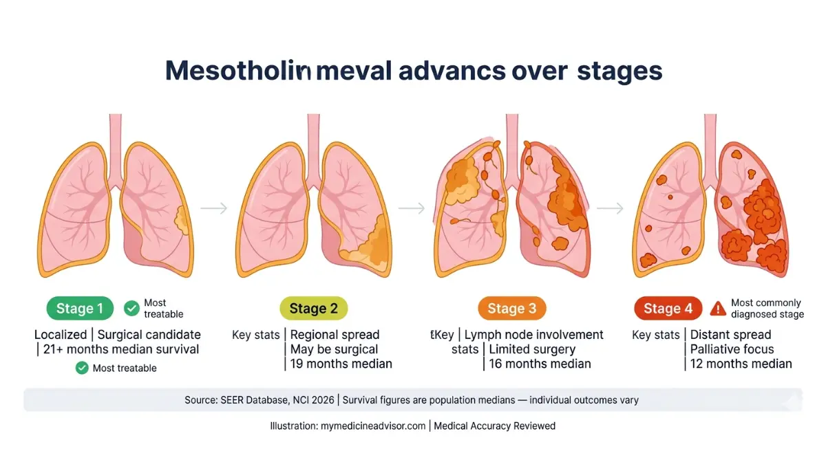 Mesothelioma stages progression diagram showing stage 1 to stage 4 tumor spread in lungs