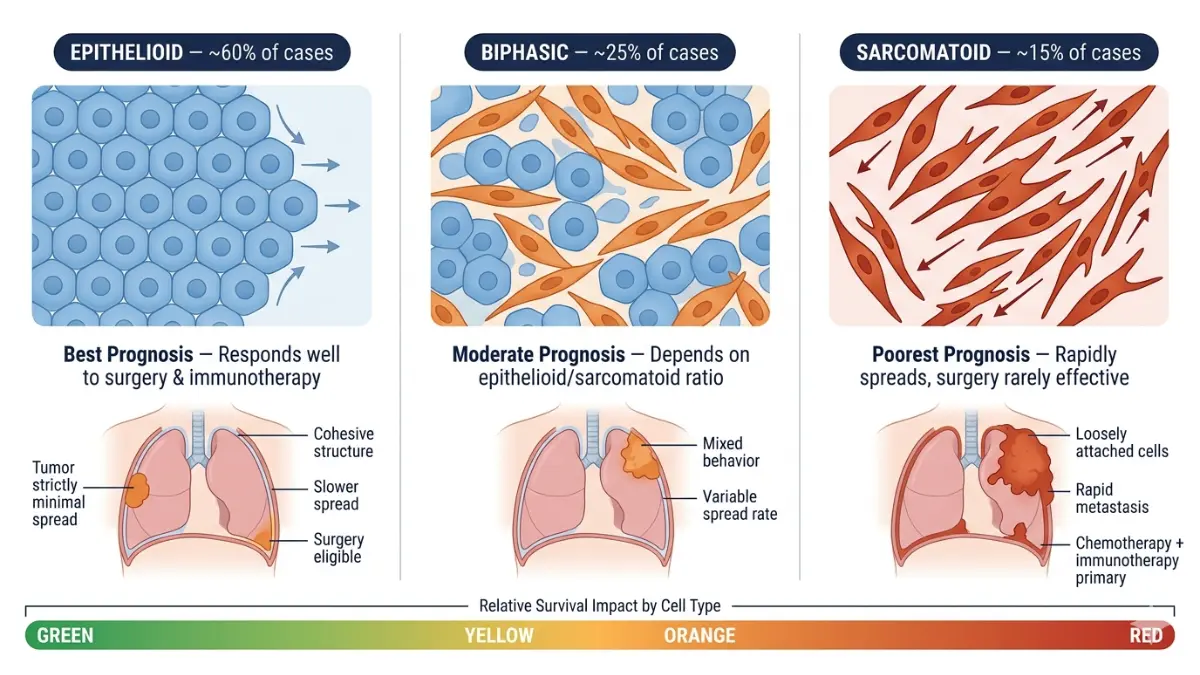 Mesothelioma Stages comparison showing epithelioid biphasic and sarcomatoid cell types and their survival impact