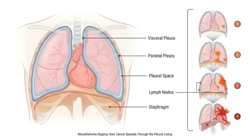 Mesothelioma Stages illustrated with pleural anatomy showing stage 1 to 4 cancer spread across the pleural lining