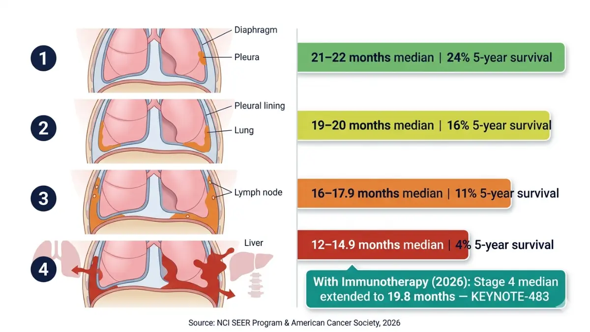Mesothelioma Stages survival rates chart showing median life expectancy and 5 year survival by stage 1 to 4