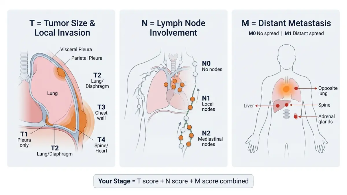 Mesothelioma Stages explained using TNM staging system showing tumor size lymph node involvement and metastasis