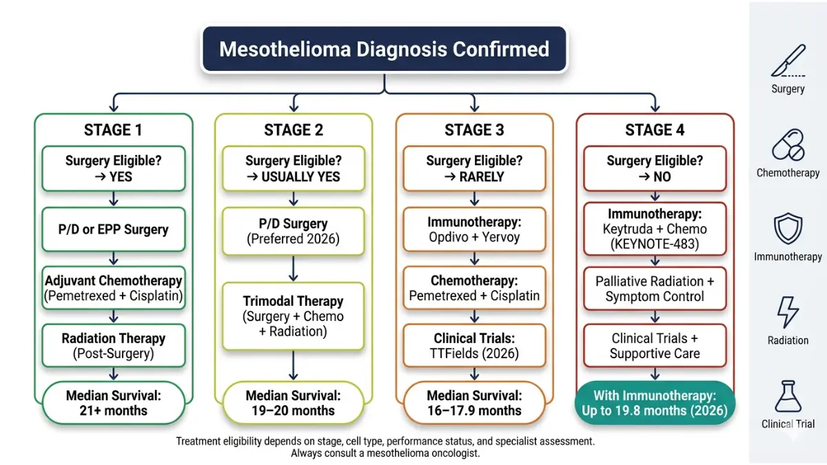 Mesothelioma Stages treatment pathway showing stage wise therapy options including surgery chemotherapy and immunotherapy