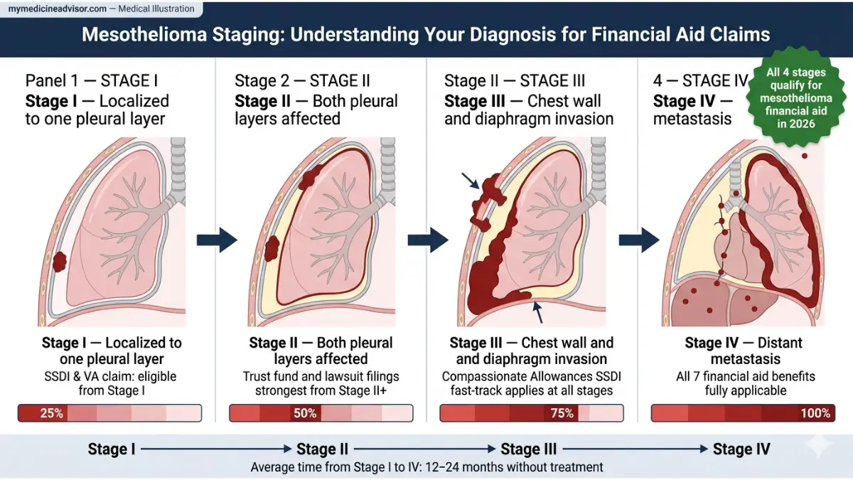 Mesothelioma Financial Aid staging diagram showing Stage I to Stage IV pleural tumor progression and disease severity in the chest