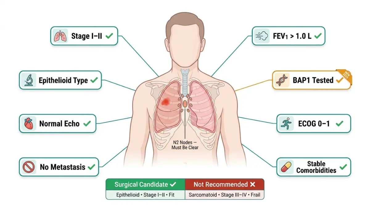 Mesothelioma Surgery eligibility criteria diagram showing staging, lung function, and patient selection factors