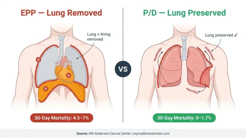Mesothelioma Surgery EPP vs P/D anatomical comparison showing lung removal vs lung preservation