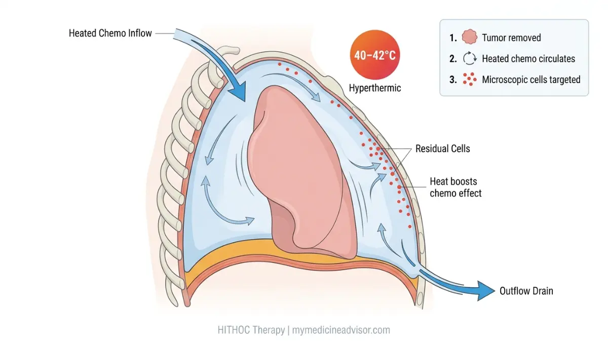 Mesothelioma Surgery HITHOC diagram showing heated chemotherapy flow inside chest cavity