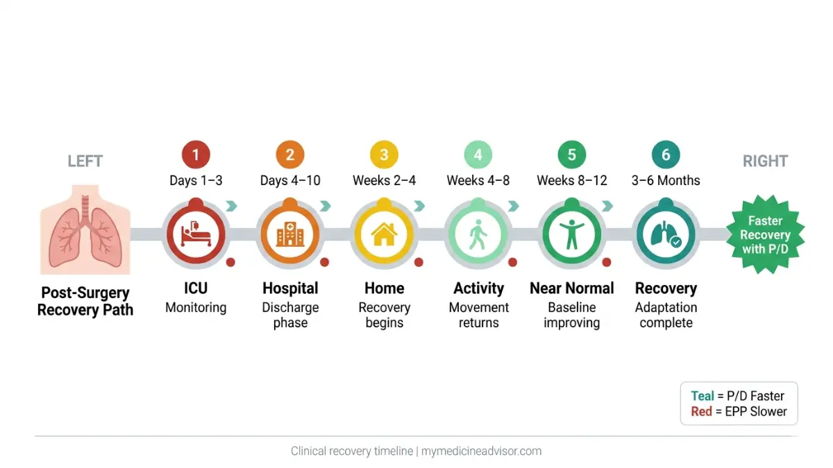 Mesothelioma Surgery recovery timeline roadmap showing ICU to full recovery stages for P/D and EPP