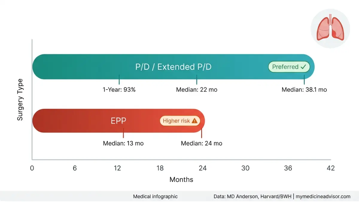 Mesothelioma Surgery survival timeline comparing P/D vs EPP outcomes and median survival rates